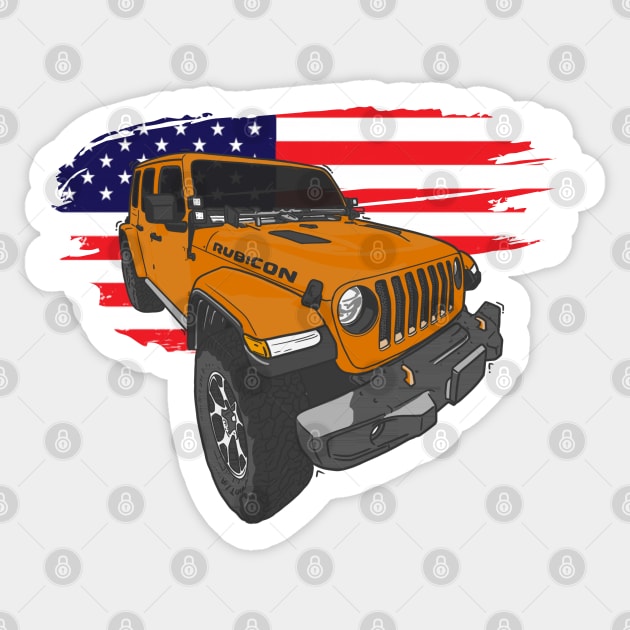 Jeep Wrangler with American Flag - Orange Sticker by 4x4 Sketch